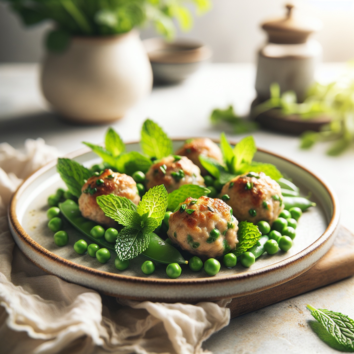 Greek Chicken Meatballs with Mint and Peas