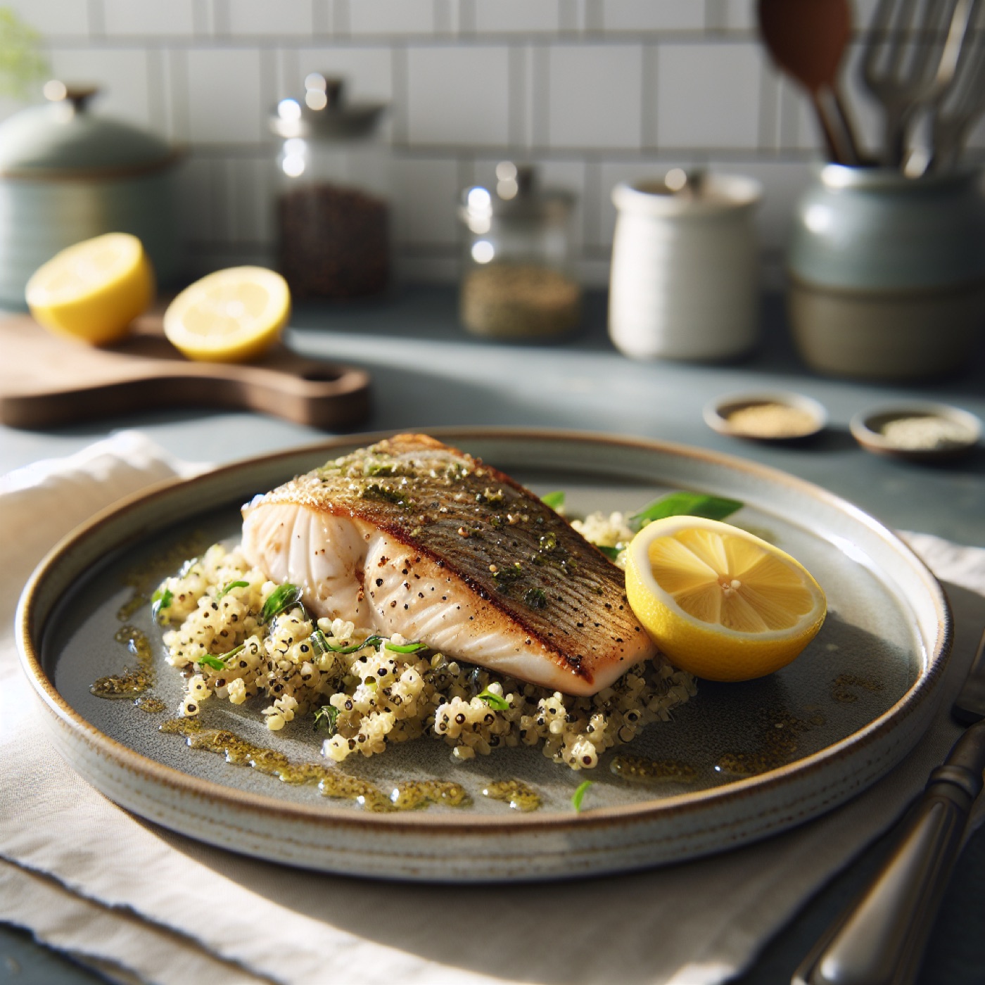 Lebanese Lemon Spiced Baked Fish with Mint and Parsley Quinoa