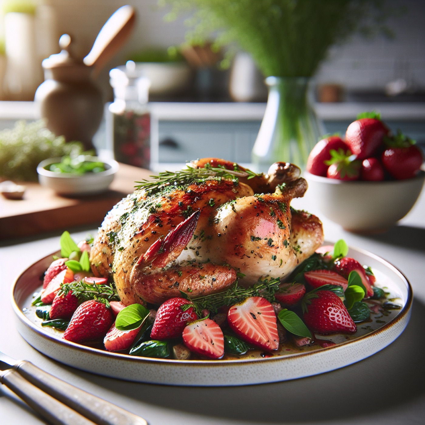 Herb Roasted Chicken with Strawberry Arugula Salad and Balsamic Dressing